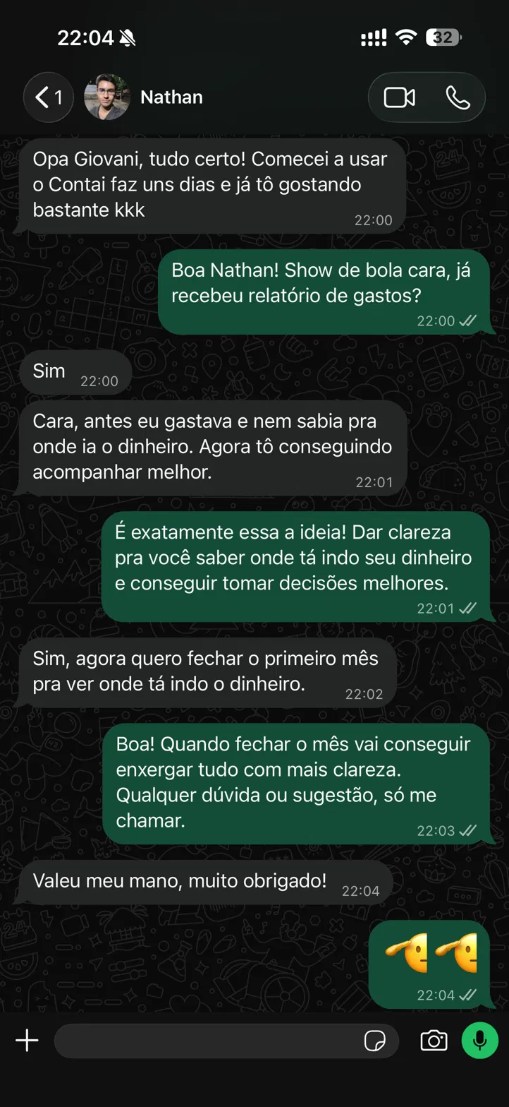 Conversa no WhatsApp com Nathan contando que agora consegue acompanhar melhor os gastos