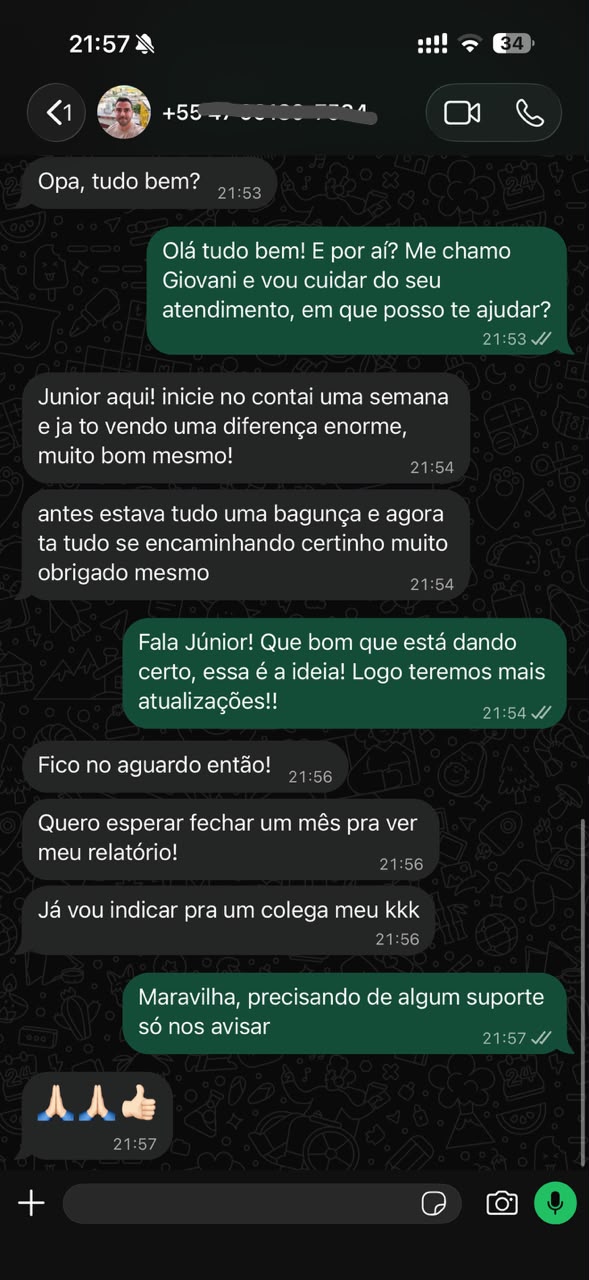 Conversa no WhatsApp com Junior contando que em uma semana já viu diferença enorme